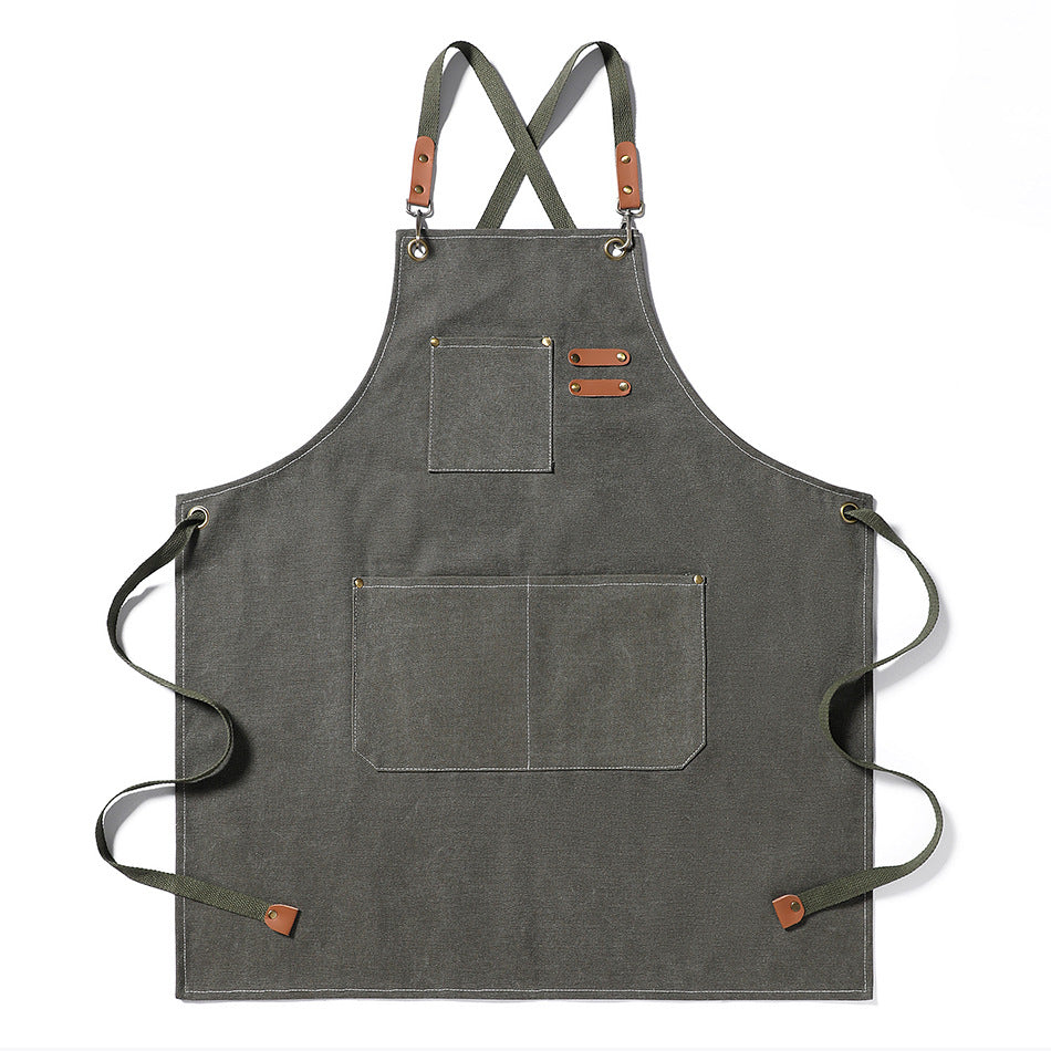 Waxed Canvas Cross-Back Apron with Leather Straps
