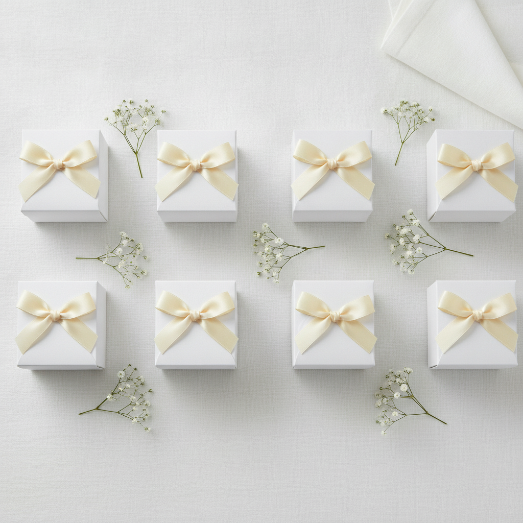 Overhead flat-lay of white bridesmaid gift boxes with cream bows on linen