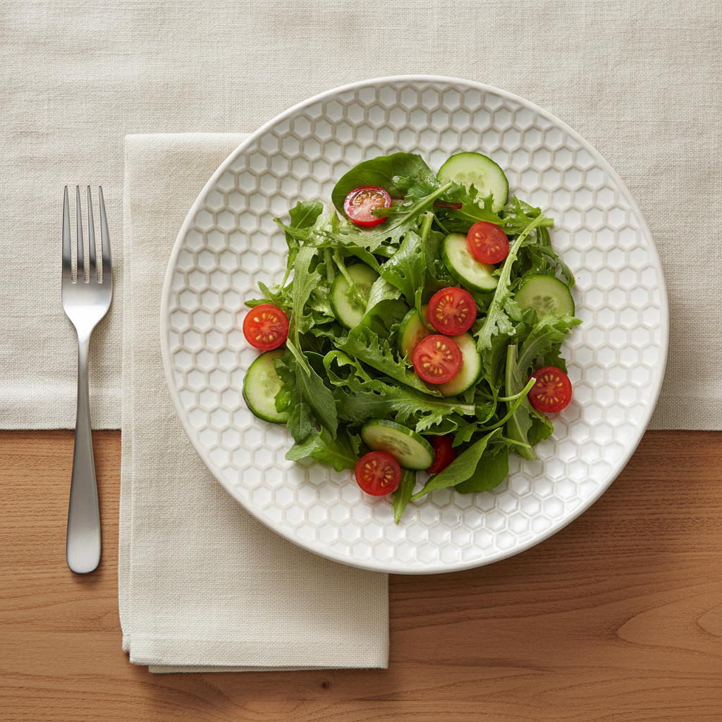 Embossed porcelain salad plate holding a fresh green salad on a set table