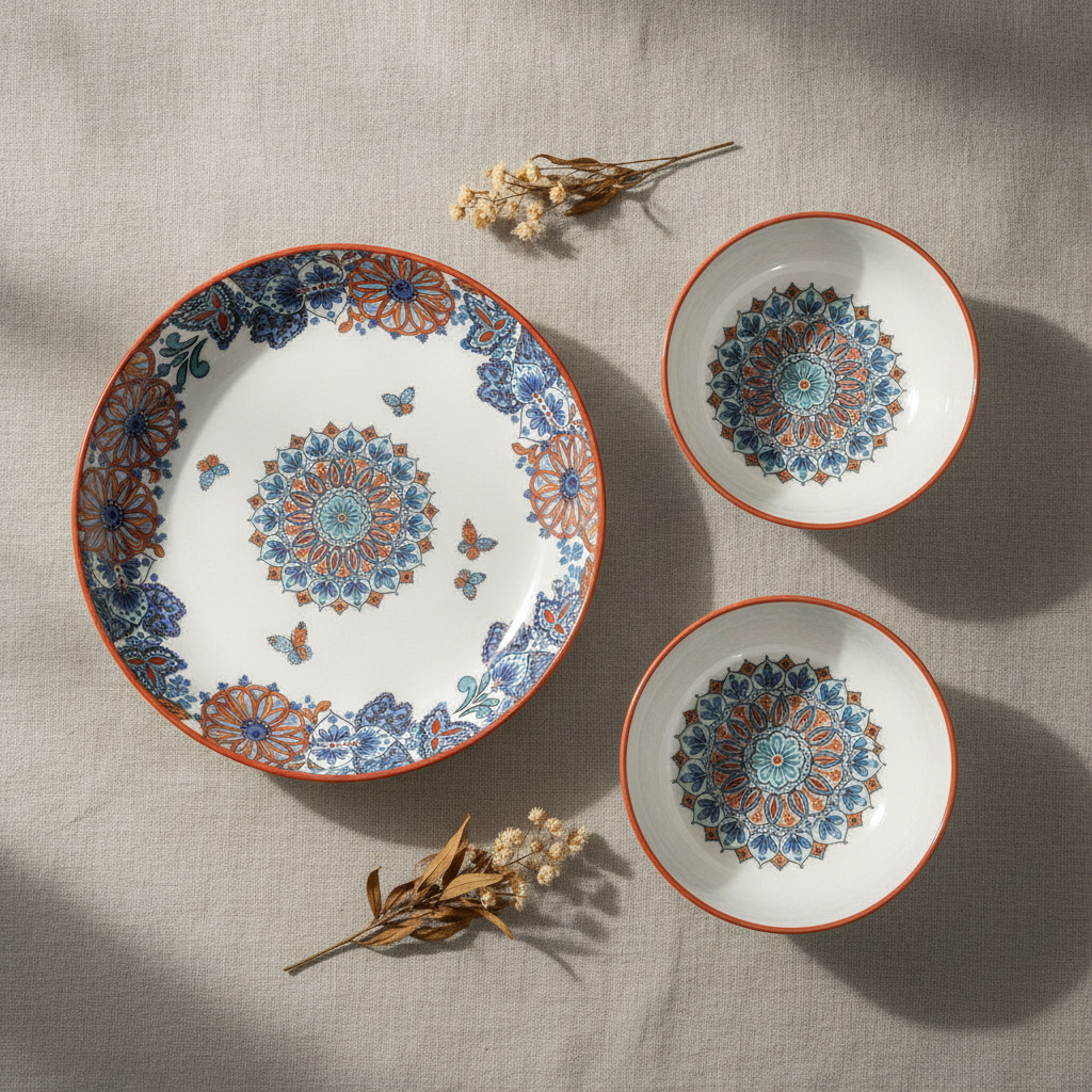 Overhead flat-lay of butterfly floral underglaze ceramic plate and bowl set