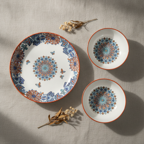 Overhead flat-lay of butterfly floral underglaze ceramic plate and bowl set
