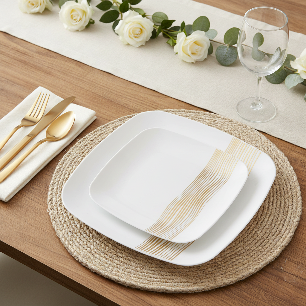 White square disposable plastic plates with gold wavelet stripe motif styled in a place setting with gold flatware and white roses