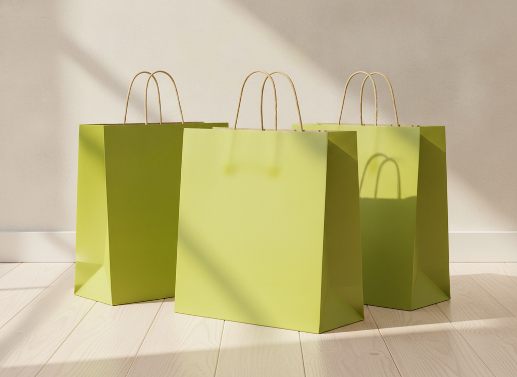 Three avocado green kraft shopping bags standing in a bright boutique