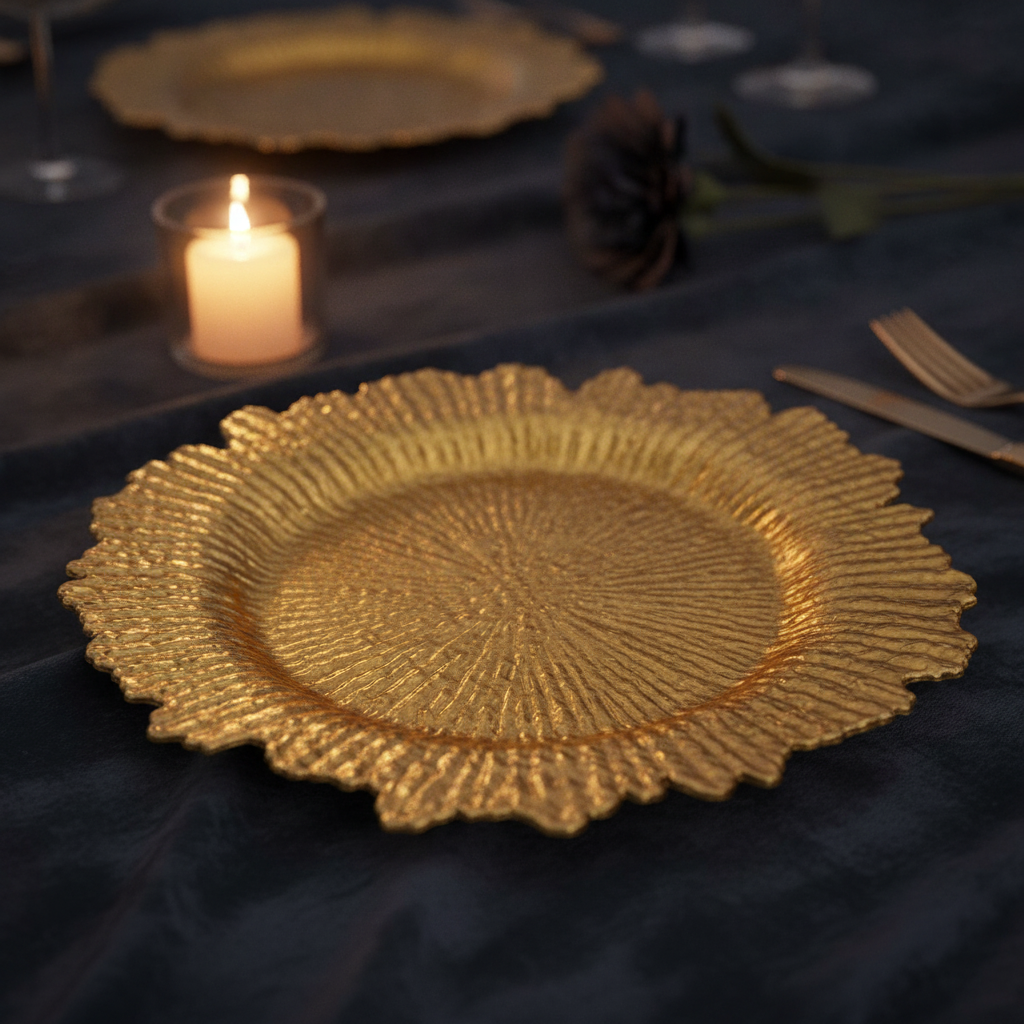 Single gold ruffled-reef-rim charger plate on a dark candlelit table