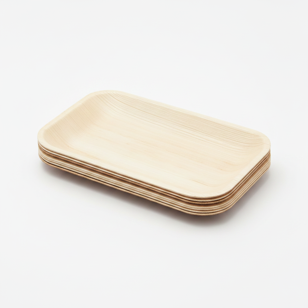 Stack of natural pressed palm leaf rectangular trays, brand-free product shot