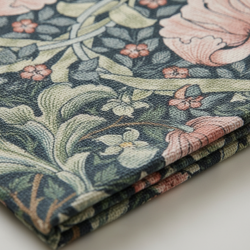 Macro close-up of a vintage botanical floral cotton dishcloth