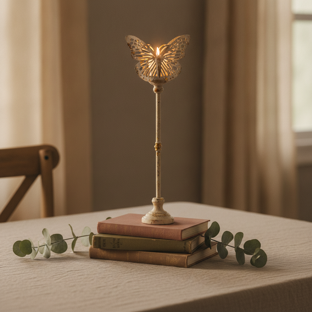Farfalla butterfly candlestick lit on a linen-draped table with eucalyptus and vintage books