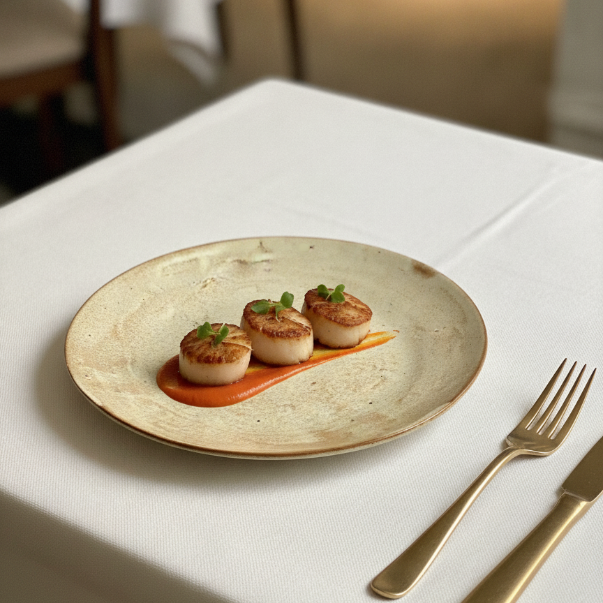 Seared scallops plated on the Sabbia matte stoneware plate in a fine-dining linen place setting