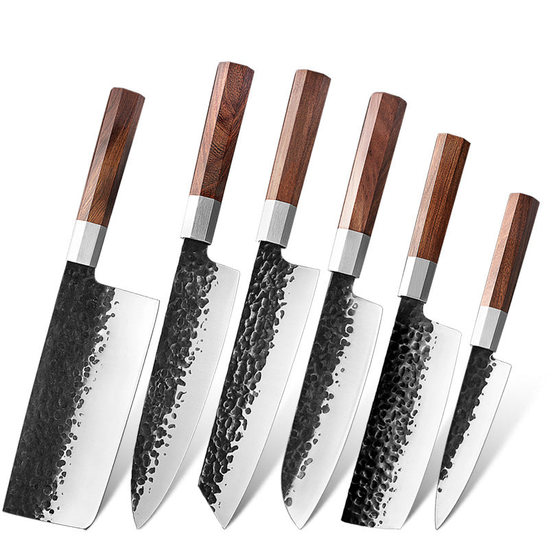 Hand-Forged Hammered Steel Kitchen Knife with Octagonal Walnut Handle