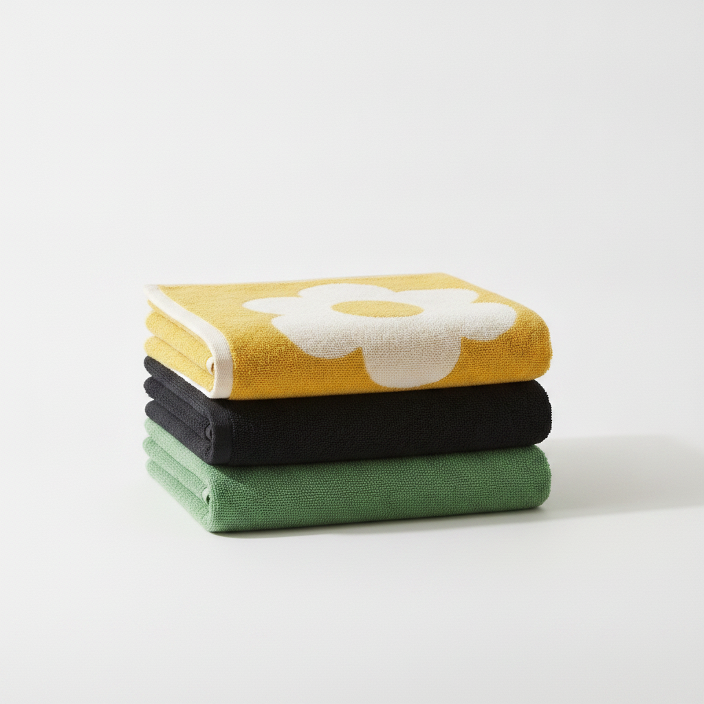 Three folded cotton face towels in yellow, black and green with daisy embroidery on white