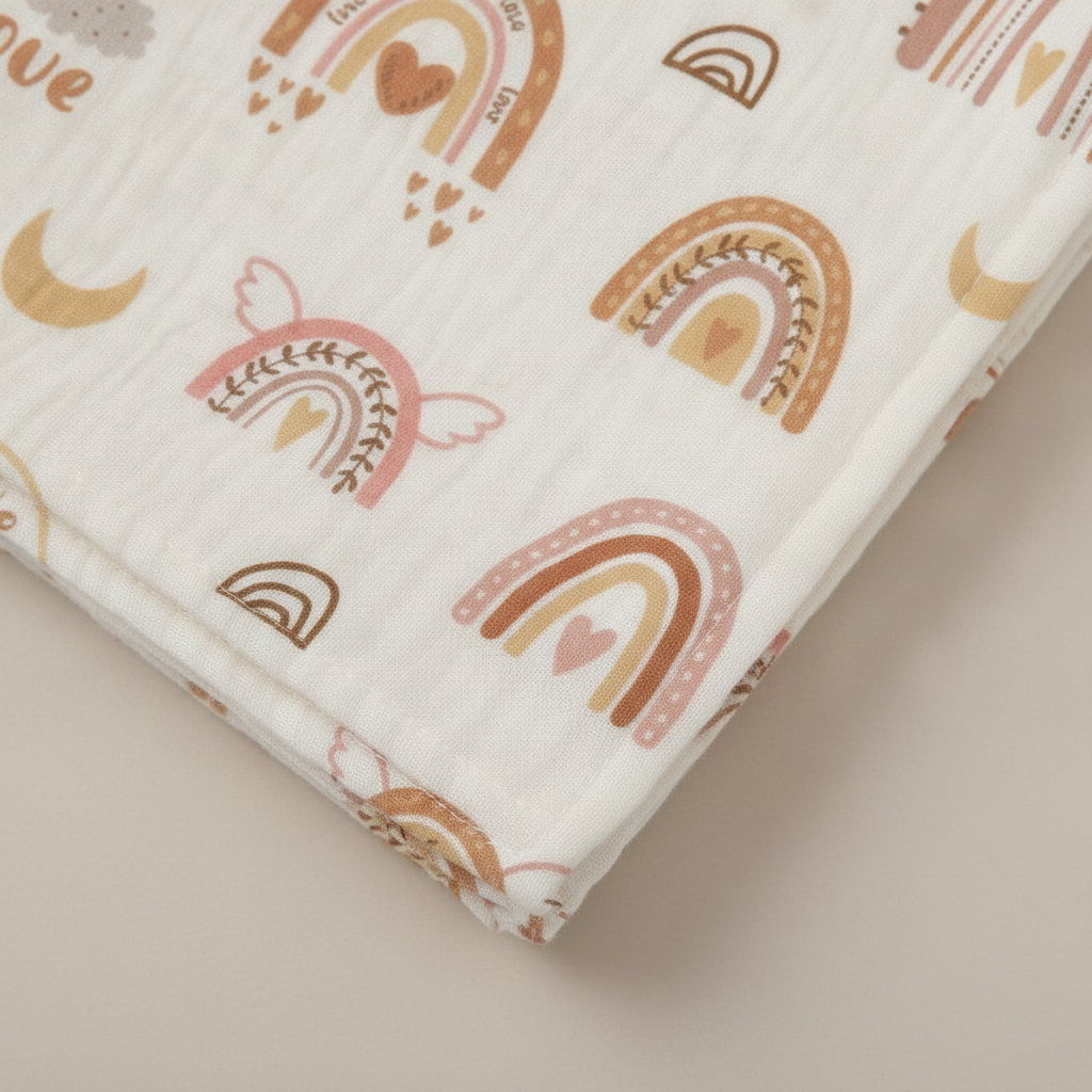Macro detail of the muslin weave and boho rainbow print on the baby washcloth