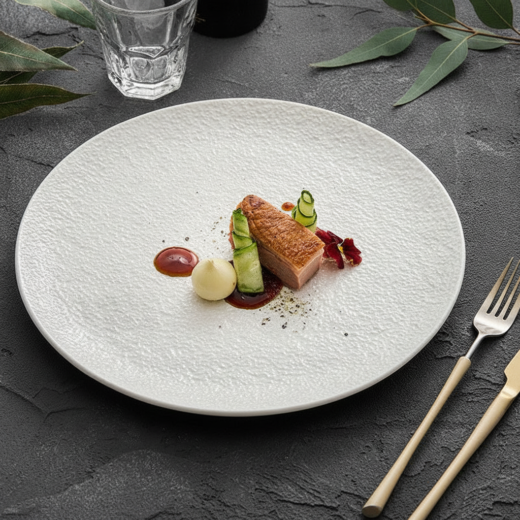 Martellato plate with restaurant-plated dish on a slate table, fine-dining setting