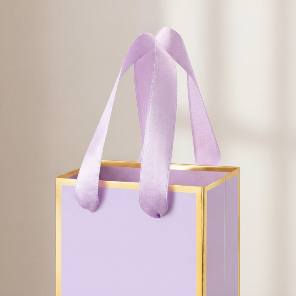 Macro close-up of mini lavender gift bag with gold foil edge and ribbon handle