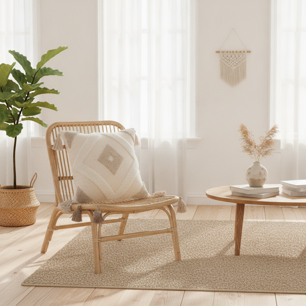 Trama cushion on a rattan accent chair in a boho living room