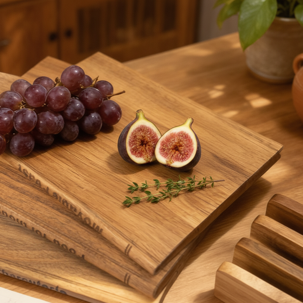 Close-up of the natural acacia wood grain on a Biblioteca board