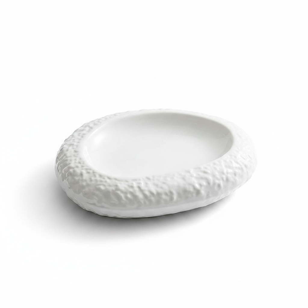 Scoglio irregular oval white porcelain plate with raised rock-textured rim on white