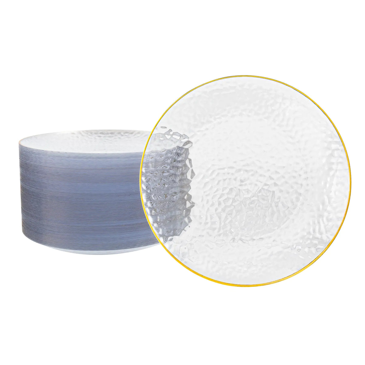 Supplier image of clear hammered dinner plates with a thin gold outer rim, showing one upright plate and a same size stack on white.