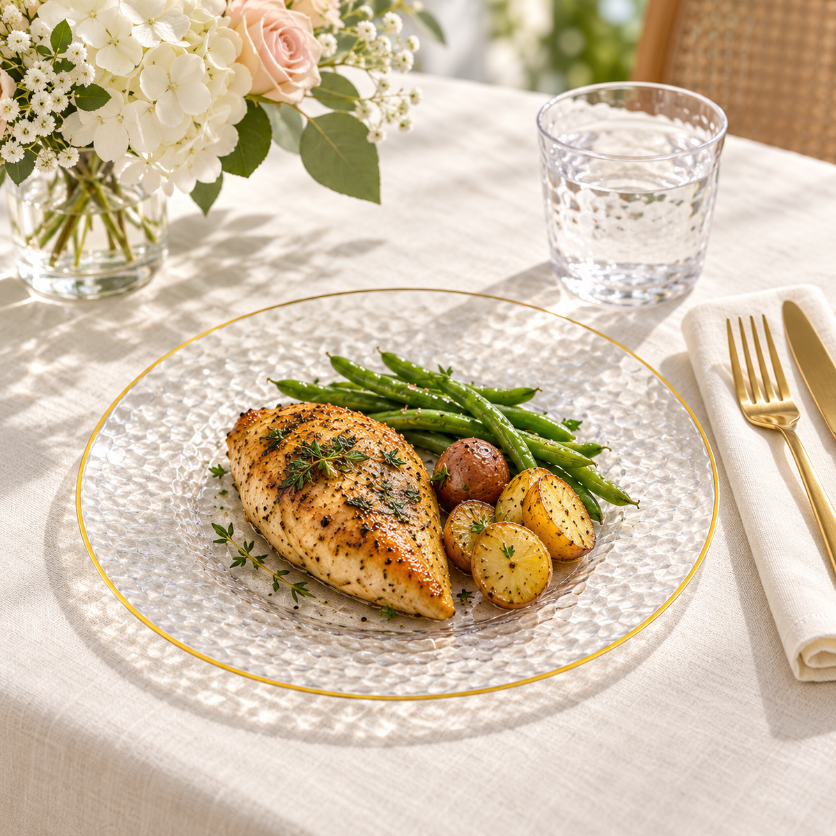 Clear hammered gold rim dinner plate holding roasted chicken, potatoes and green beans on an ivory linen table. Representative arrangement; food and styling props not included.