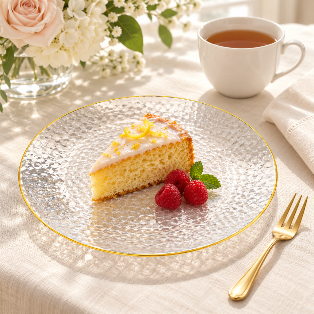 Clear hammered gold rim dinner plate with lemon cake and raspberries beside a white teacup and pale flowers. Representative arrangement; food and styling props not included.