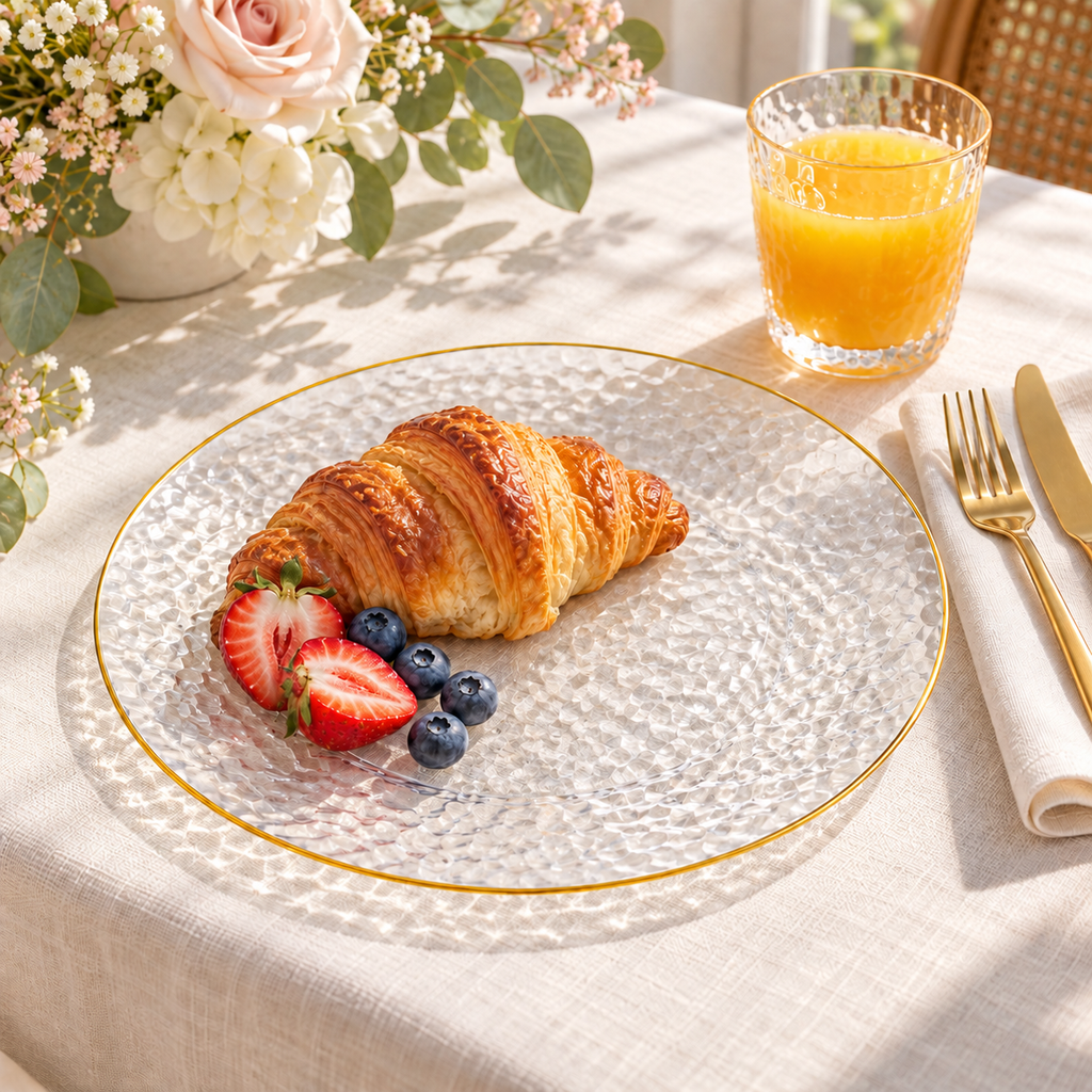 Clear hammered gold rim dinner plate with a croissant and berries beside orange juice on ivory linen. Representative arrangement; food and styling props not included.