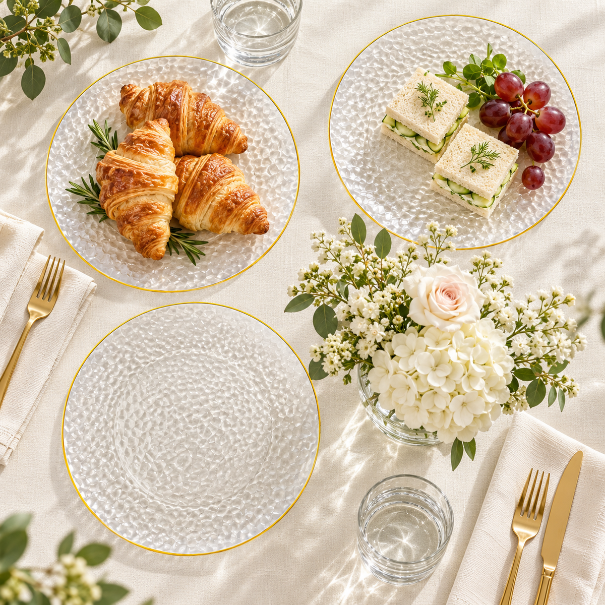 Overhead view of three same size clear hammered gold rim plates, with croissants, cucumber sandwiches and grapes on a floral linen table. Representative arrangement; food and styling props not included.