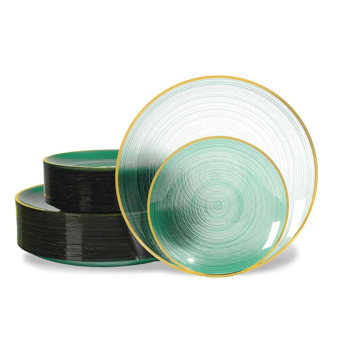 Transparent emerald plates with spiral grooves and a gold rim, original product photograph on white.