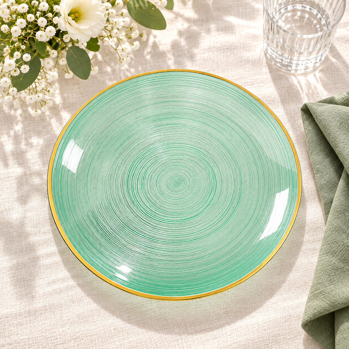 Transparent emerald plates with spiral grooves and a gold rim, overhead full-face place setting. Food and styling props not included.
