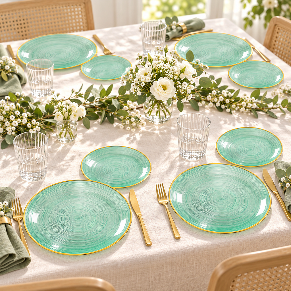 Transparent emerald plates with spiral grooves and a gold rim, fully coordinated four-guest event table. Food and styling props not included.