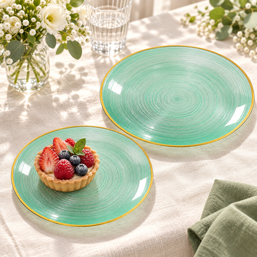 Transparent emerald plates with spiral grooves and a gold rim, single berry dessert occasion. Food and styling props not included.