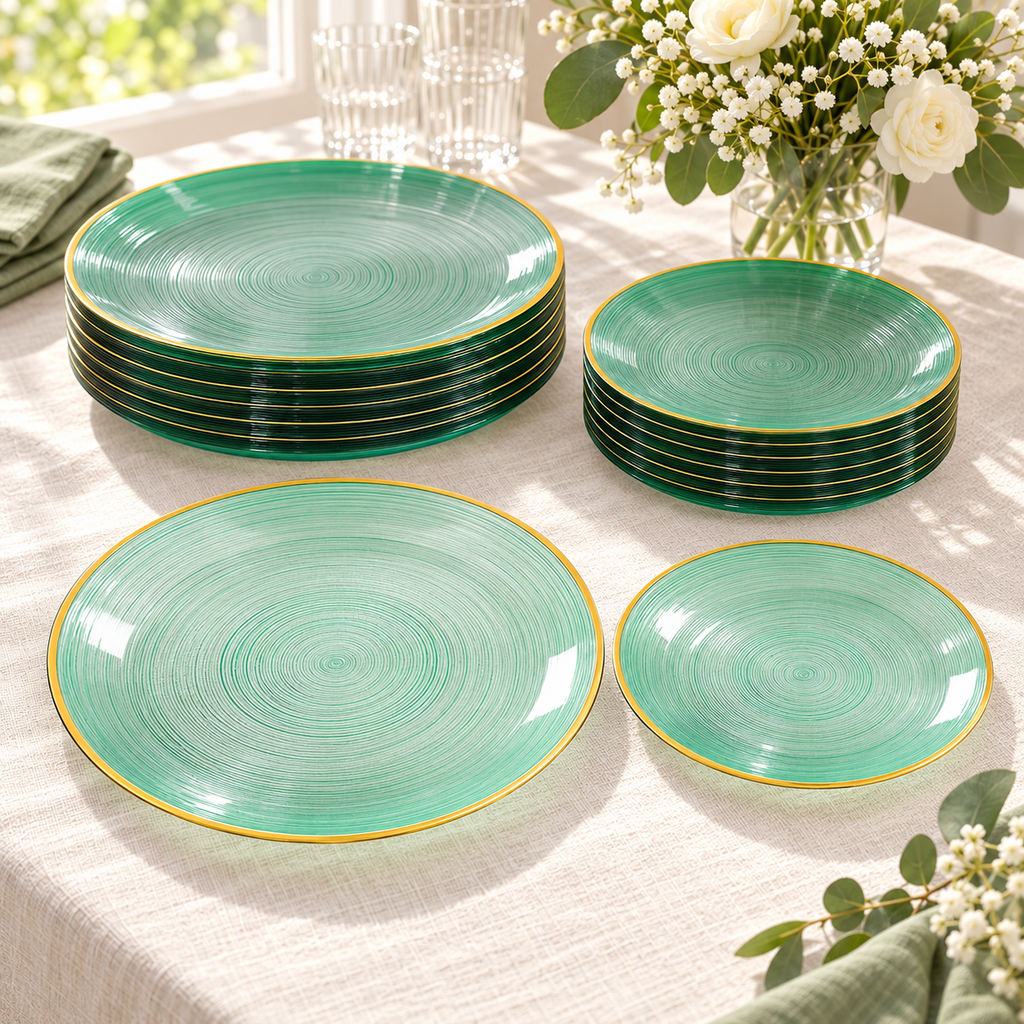 Transparent emerald plates with spiral grooves and a gold rim, short-stack buffet service setup. Food and styling props not included.