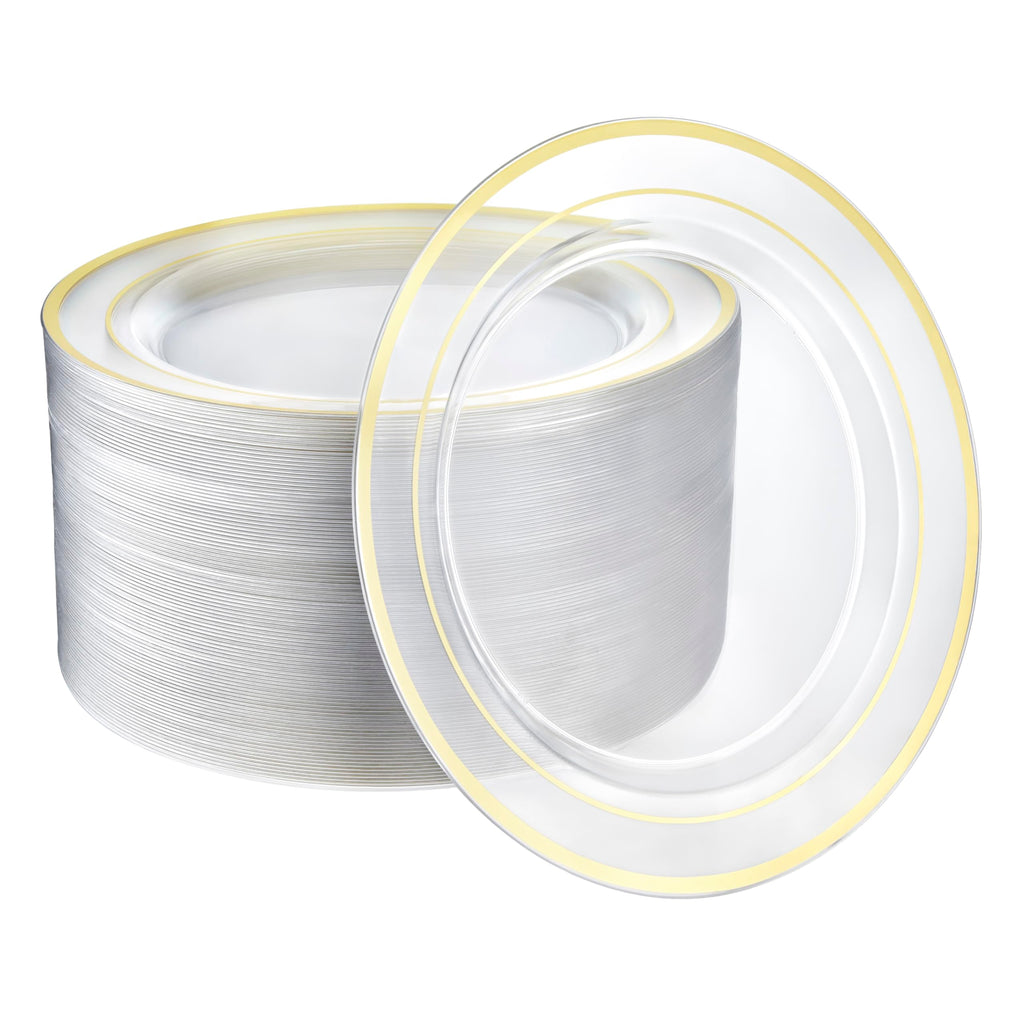 100 identical 10-inch clear plastic plates with wide outer gold band and thin inner gold ring, shown as a same-size stack and full plate face.