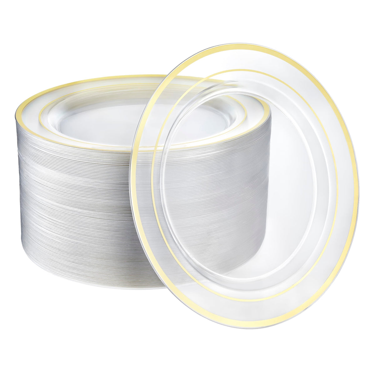 100 identical 10-inch clear plastic plates with wide outer gold band and thin inner gold ring, shown as a same-size stack and full plate face.