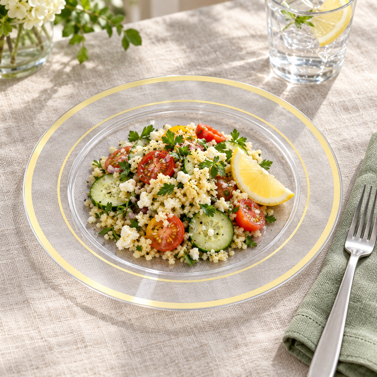 Clear 10-inch plastic plate with two gold rings serving a fresh couscous salad on linen. Food and styling props not included.