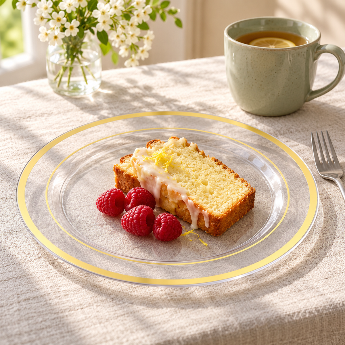 Clear 10-inch gold-trimmed plastic plate with lemon loaf cake and raspberries beside a tea mug. Food and styling props not included.