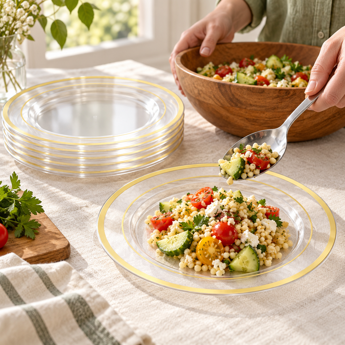Host serving salad onto a clear 10-inch gold-trimmed plastic plate beside a stack of identical plates. Food and styling props not included.