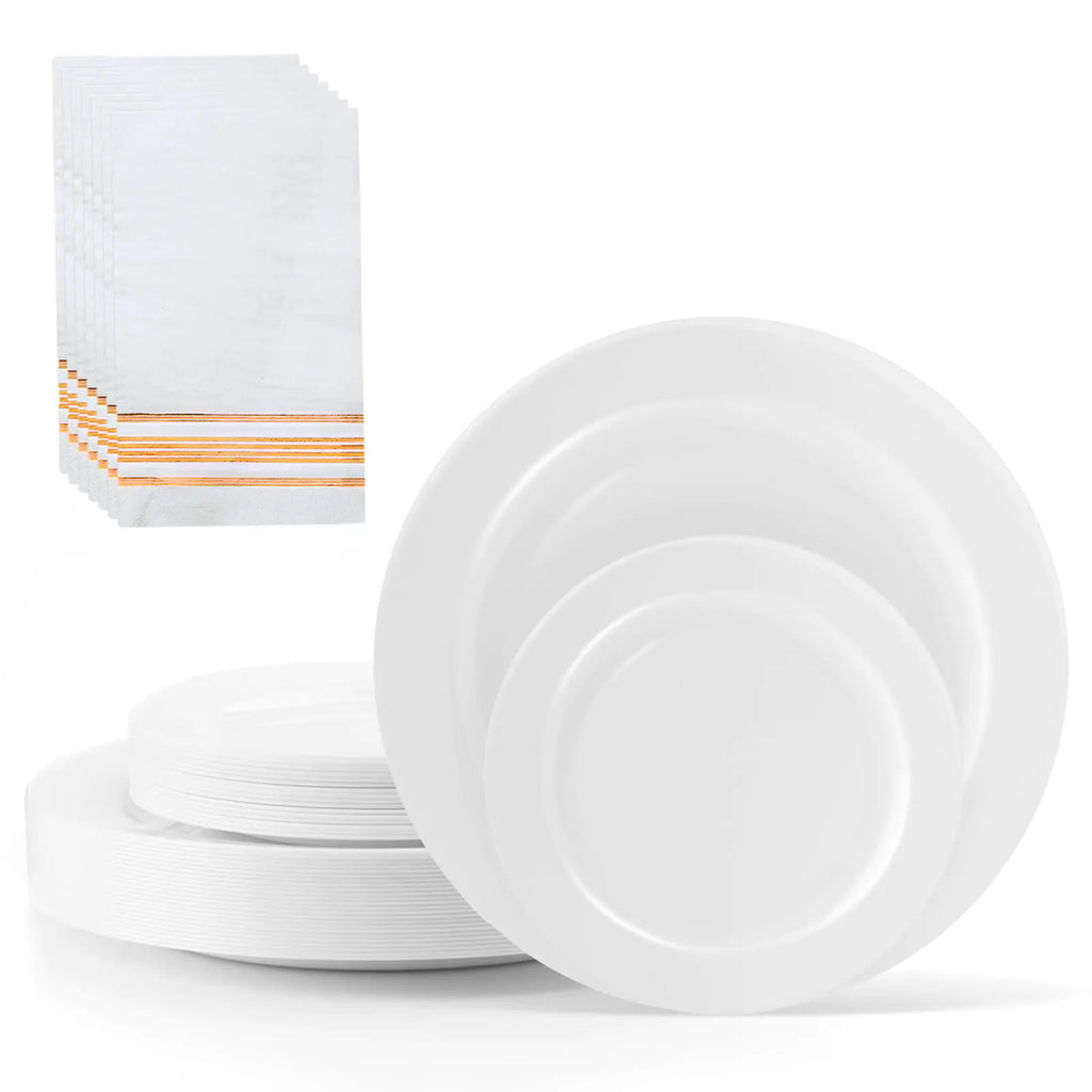 White dinner and dessert plates with gold-striped napkins, original product photograph on white.