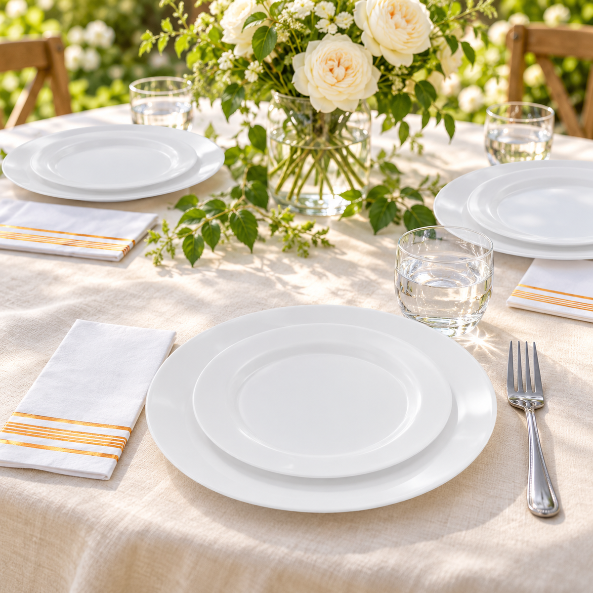 White dinner and dessert plates with gold-striped napkins, full table. Food and styling props not included.