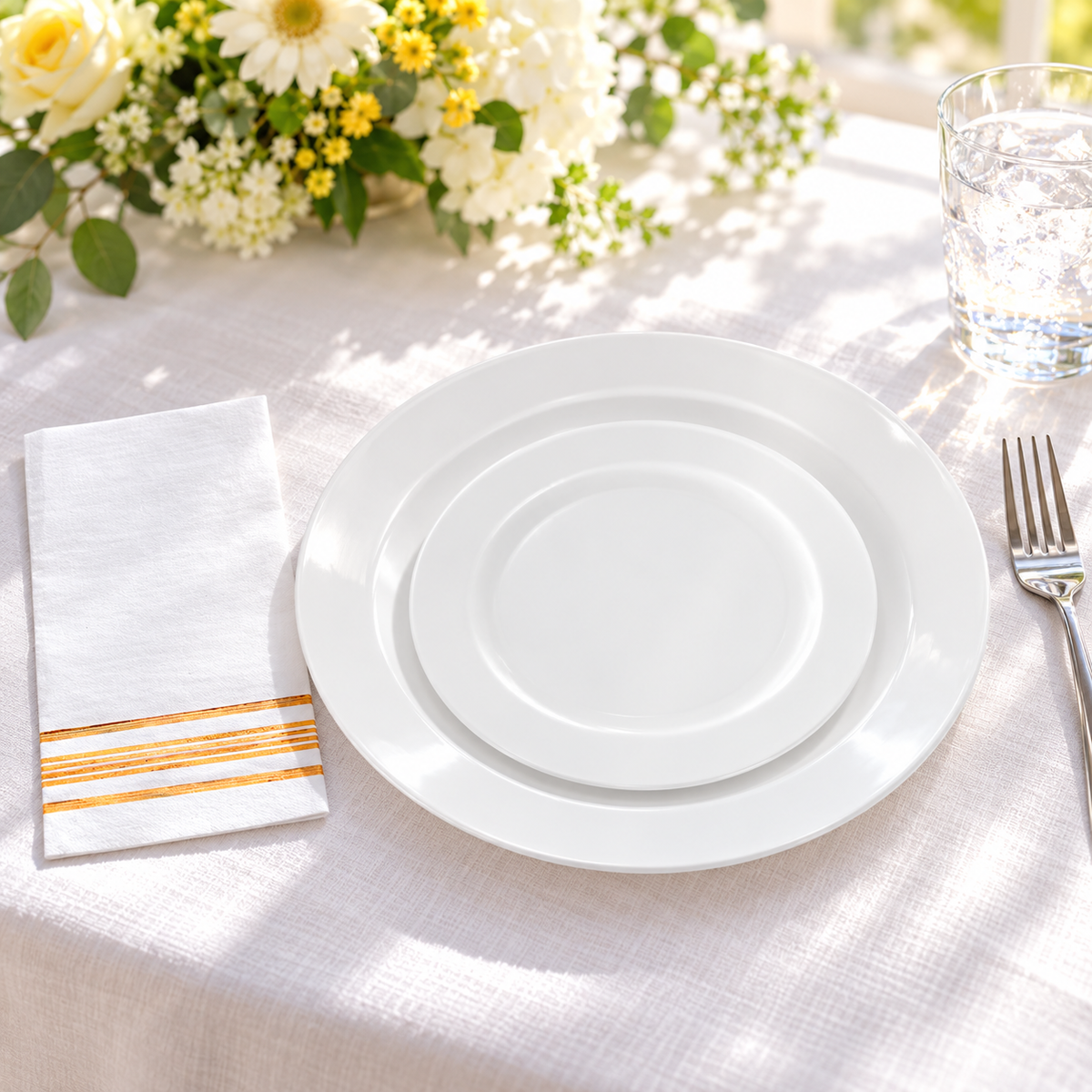 White dinner and dessert plates with gold-striped napkins, guest setting. Food and styling props not included.