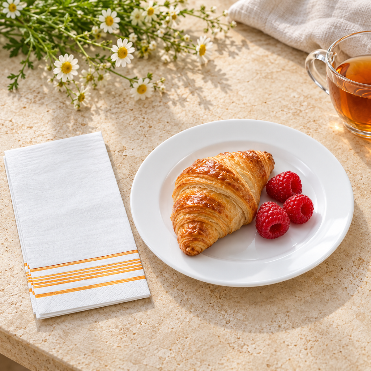 White dinner and dessert plates with gold-striped napkins, cafe pastry tea. Food and styling props not included.