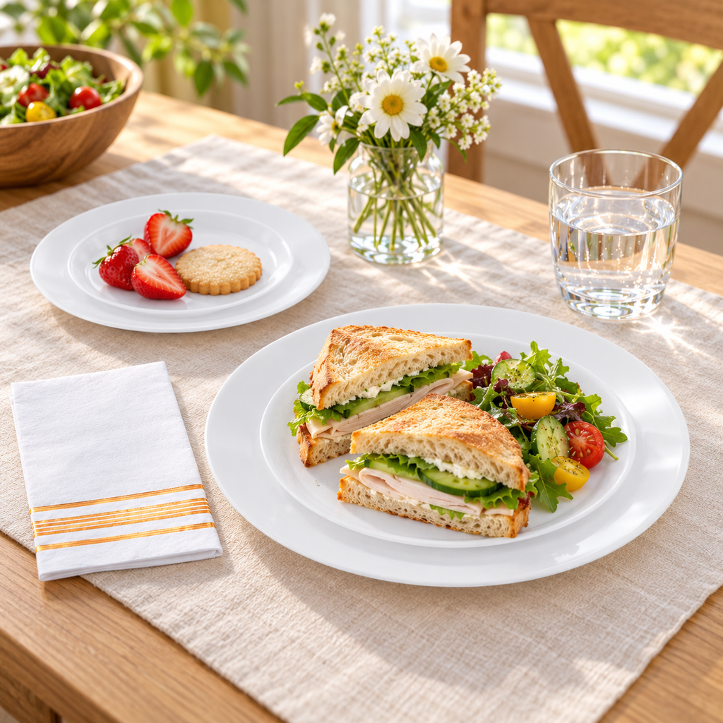 White dinner and dessert plates with gold-striped napkins, casual lunch. Food and styling props not included.