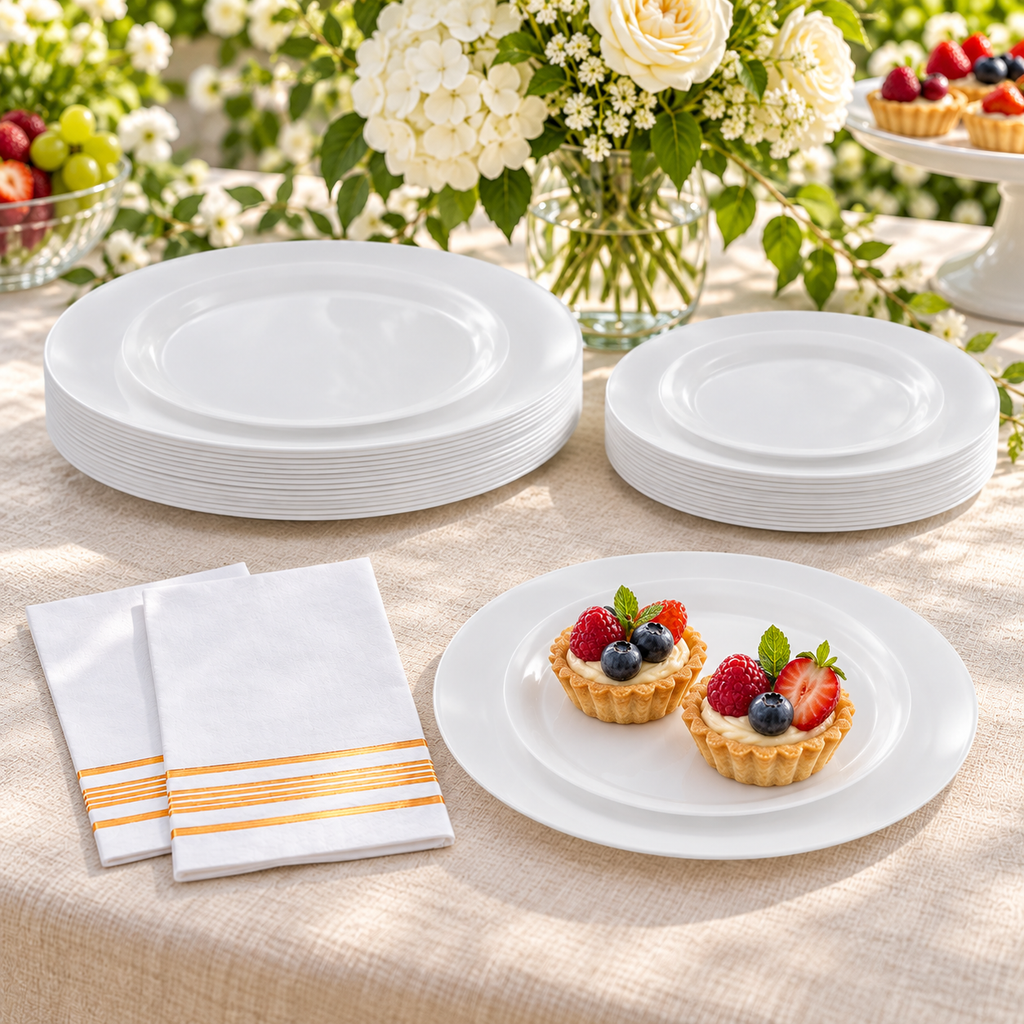 White dinner and dessert plates with gold-striped napkins, dessert side serving. Food and styling props not included.