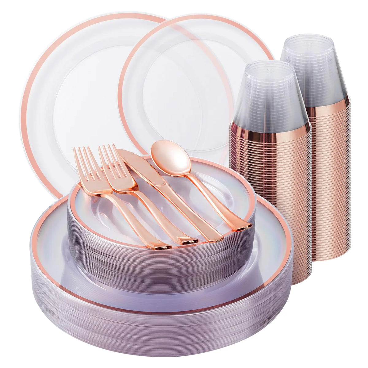 Supplier image of clear rose gold rim dinner and dessert plates, clear rose gold rim cups, and rose gold cutlery.