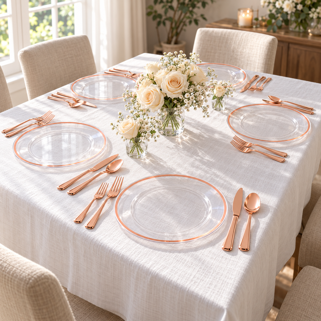 Clear rose gold rim plates and rose gold cutlery on a white linen table with cream flowers. Representative arrangement; food and styling props not included.