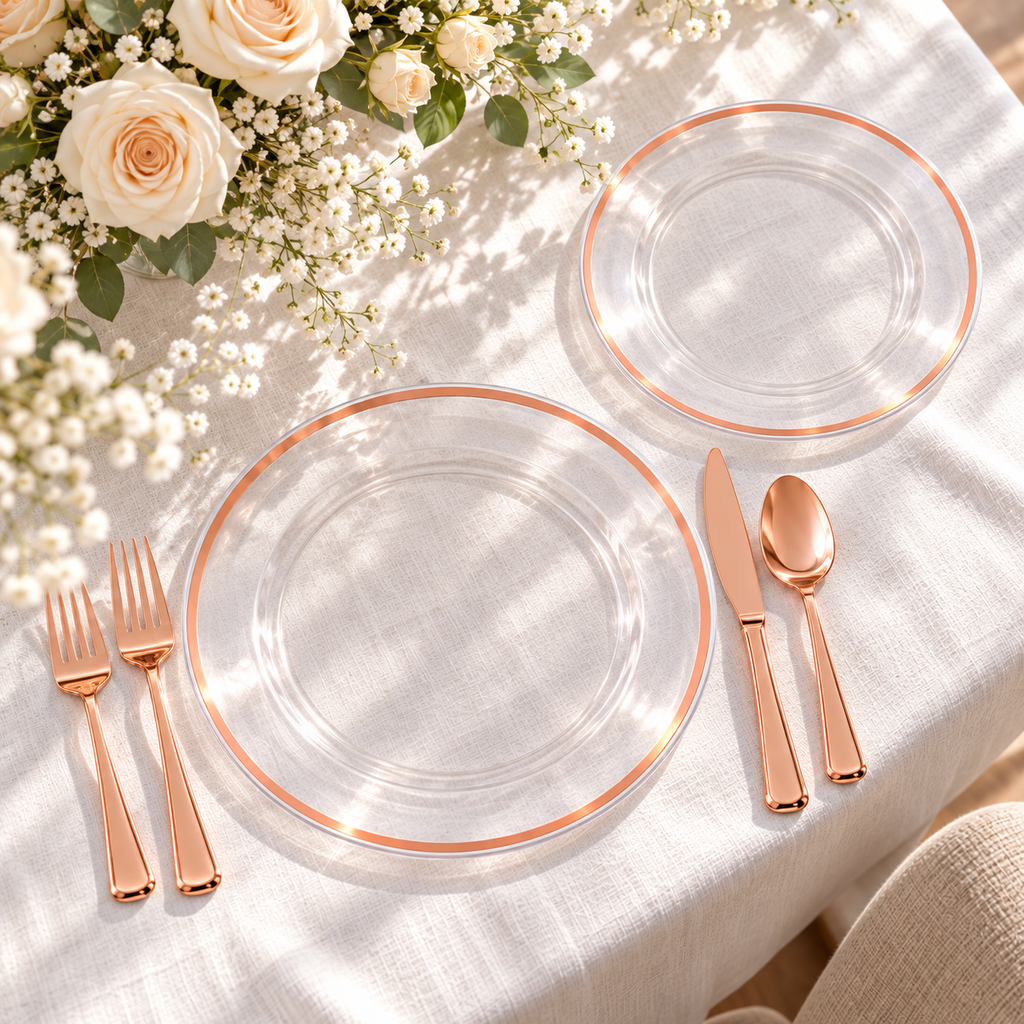 Overhead view of separate clear rose gold rim dinner and dessert plates with rose gold cutlery on white linen. Representative arrangement; food and styling props not included.