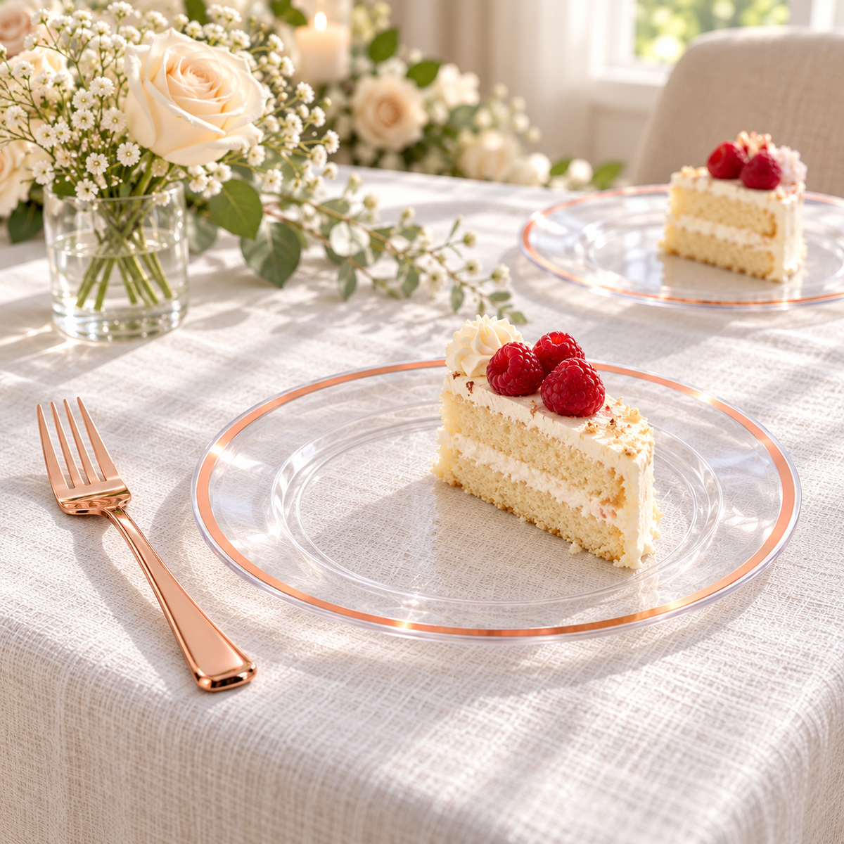Vanilla cake on clear rose gold rim dessert plates beside rose gold cutlery and cream flowers. Representative arrangement; food and styling props not included.