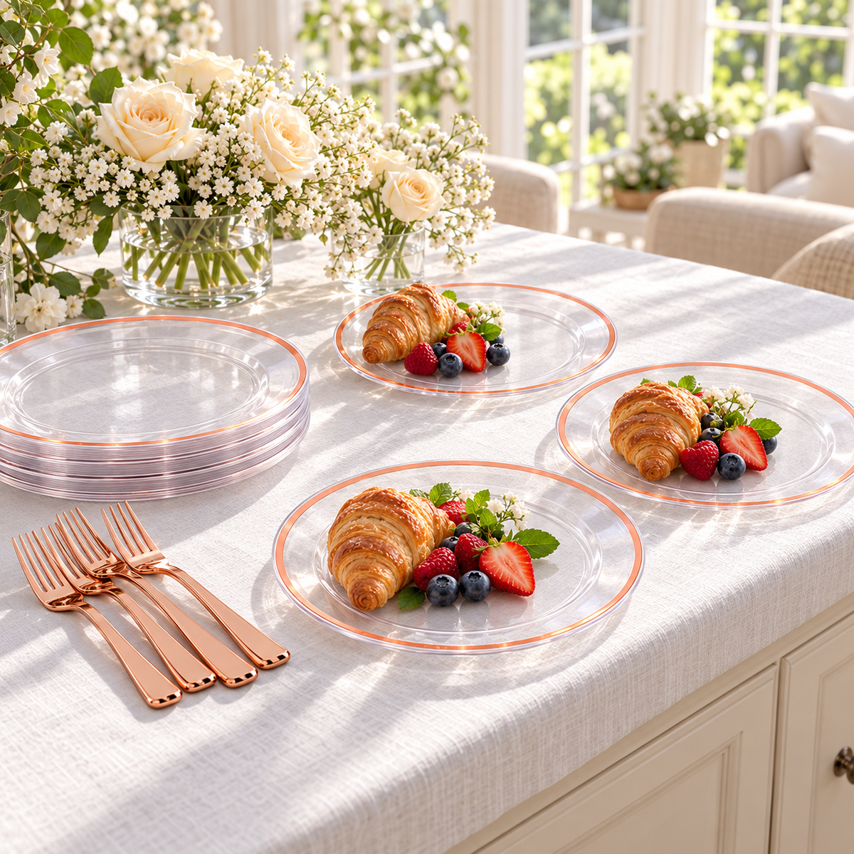 Croissants and berries served on clear rose gold rim plates at a white linen brunch buffet. Representative arrangement; food and styling props not included.