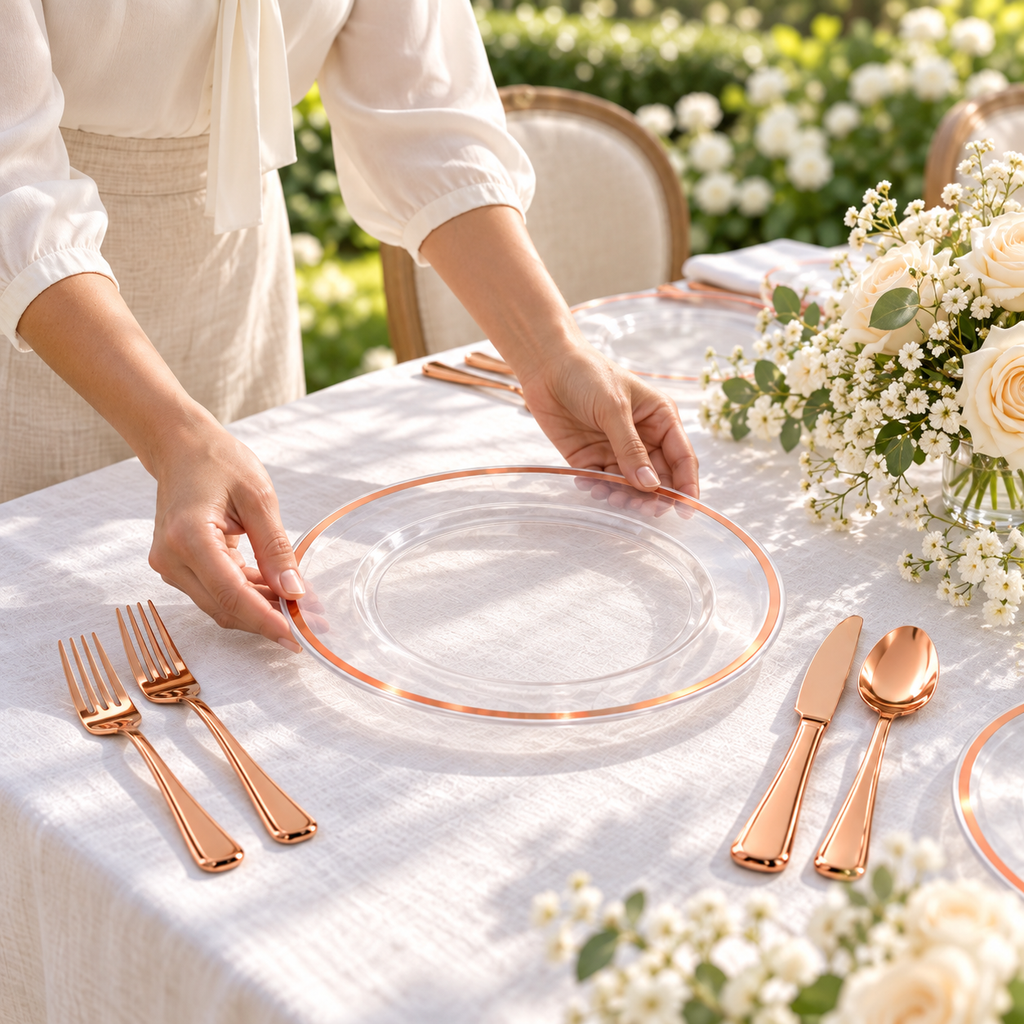A host places a clear rose gold rim plate on a white linen garden table beside rose gold cutlery. Representative arrangement; food and styling props not included.