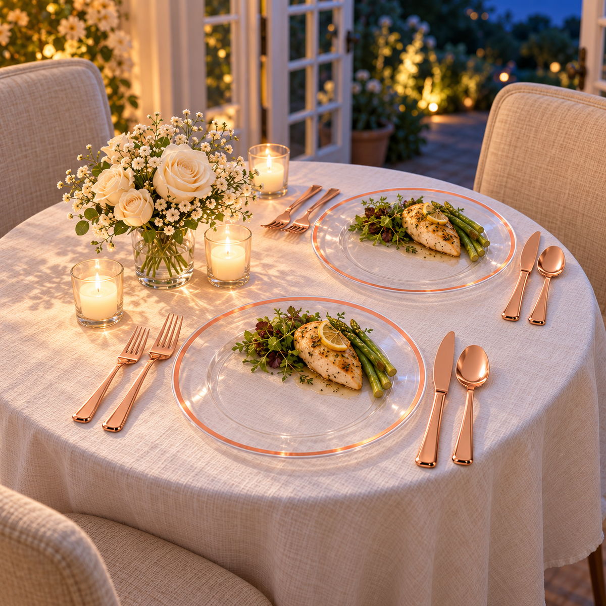 Clear rose gold rim plates with dinner portions and rose gold cutlery at a candlelit table for two. Representative arrangement; food and styling props not included.