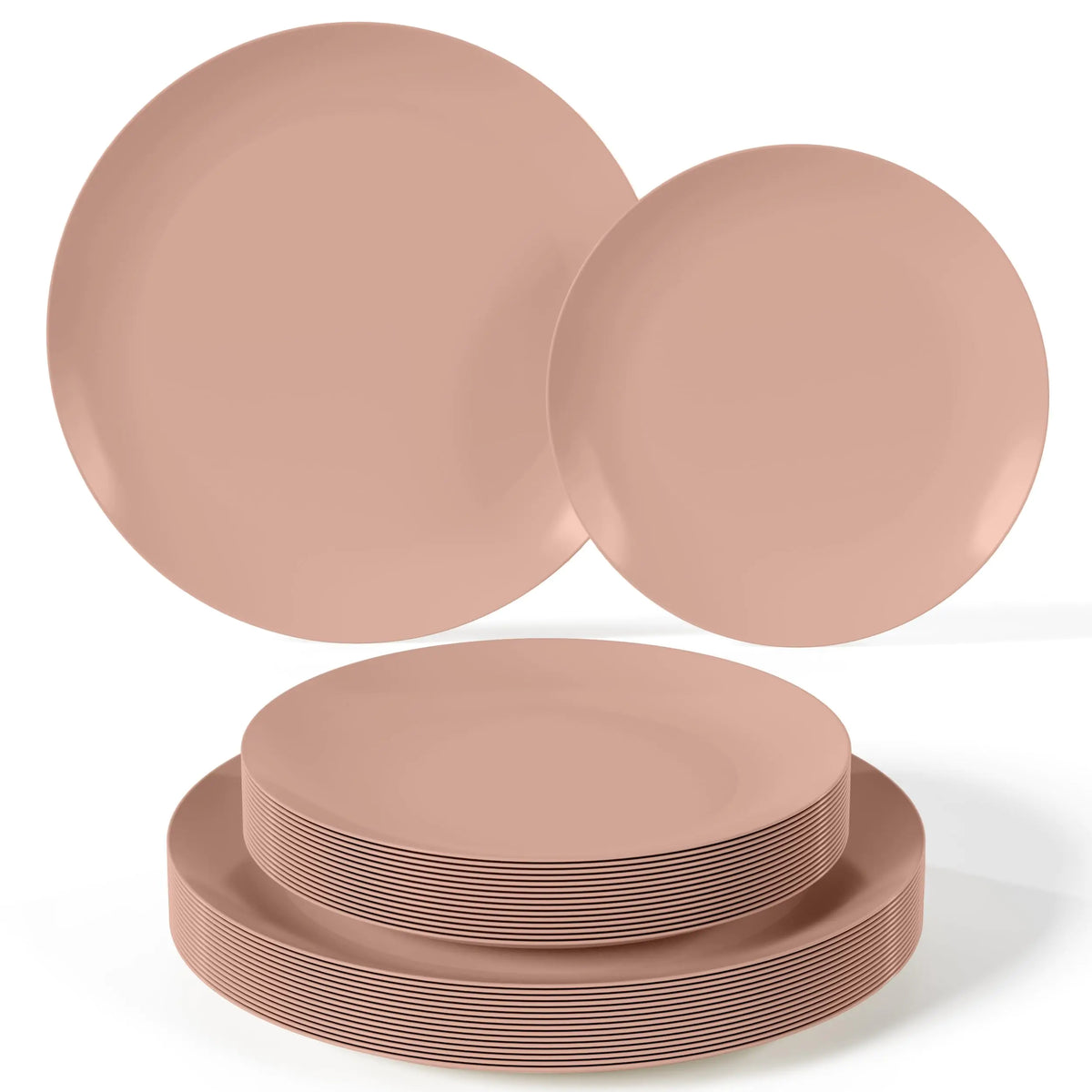Original product photo of opaque dusty peach blush plates in 8-inch and 10-inch sizes with nested stacks.