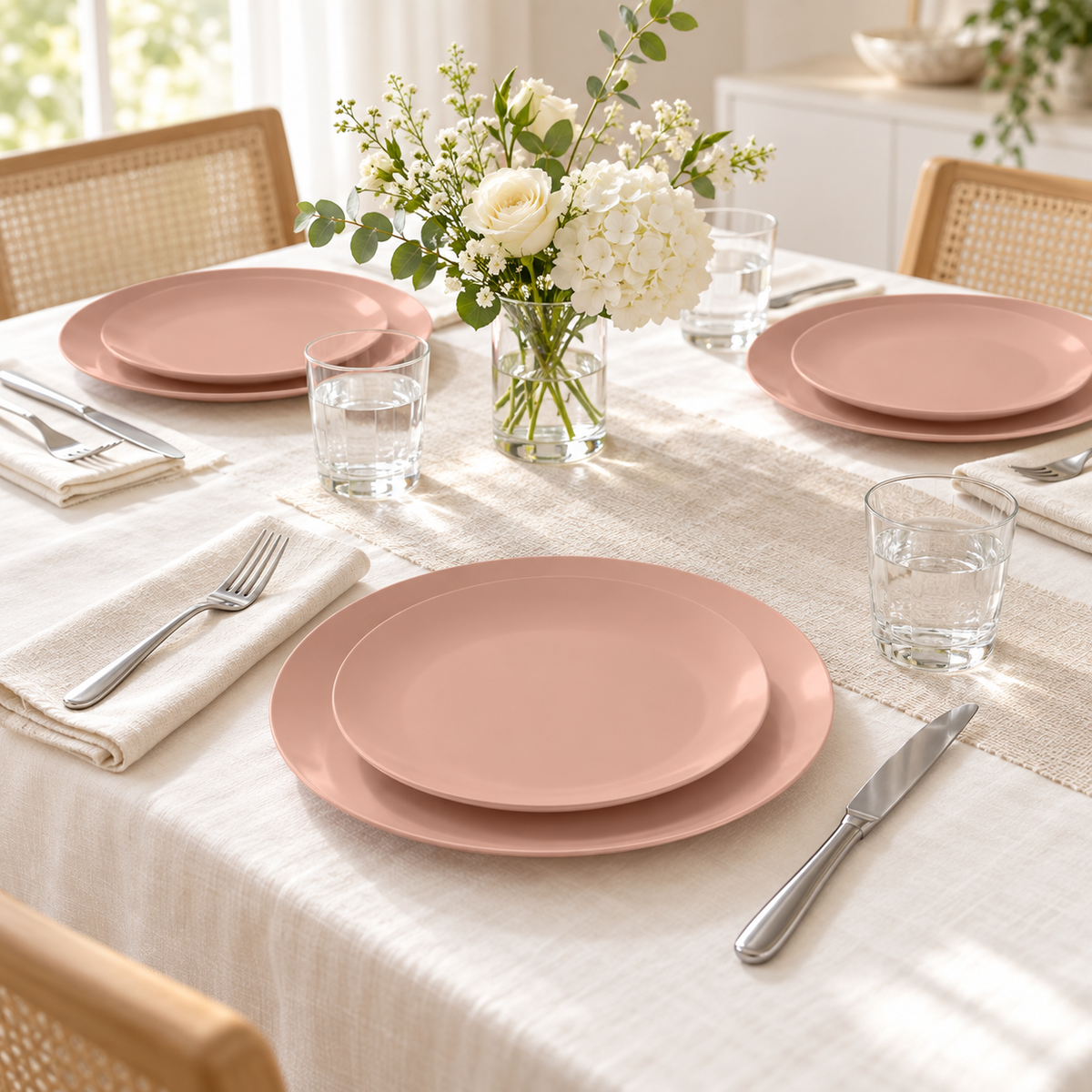 Dusty peach blush plate pairs styled on an ivory linen party table with white flowers and clear glassware. Food and styling props not included.